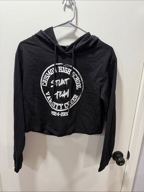 Black Cropped Hoodie with White Varsity Stunt Team Graphic